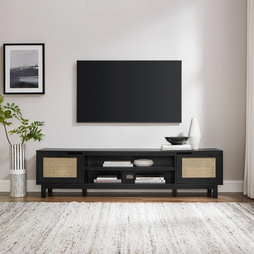 Rattan porta baixa TV Stand para TVs, moderno, até 80 polegadas, preto