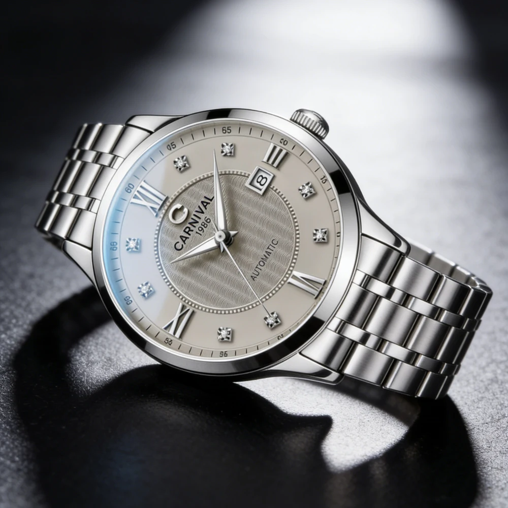 CARNIVAL Luxury Automatic Watch for Men Grey Wave Texture Dial Date Window Luminous Waterproof Mens Wrist Watch MIYOTA Movement