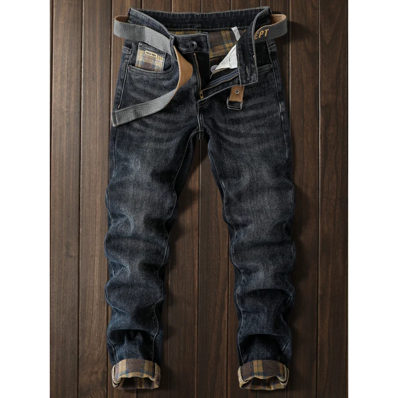 Winter Fleece Jeans Men Thickened Warm Pants Elastic Trendy Printed fashion High-end Casual Men's Pants