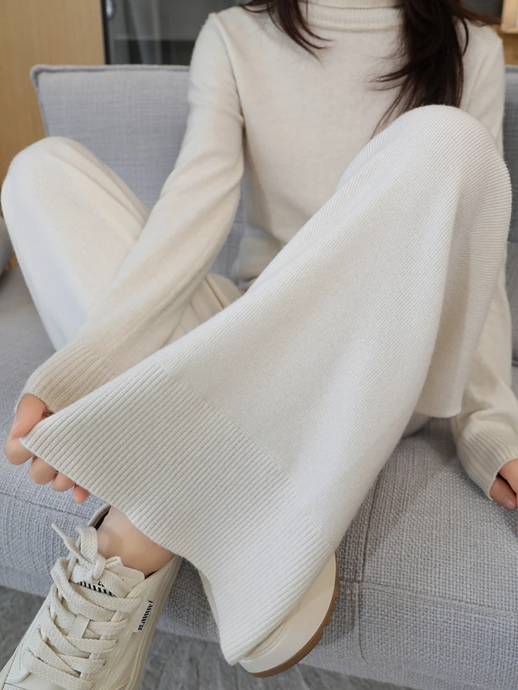 

New Fashion Autumn Winter Woman Pants Casual 100% Merino Wool Knitwear Lady Flat Clothing Bottoms Full Length Thick Trousers