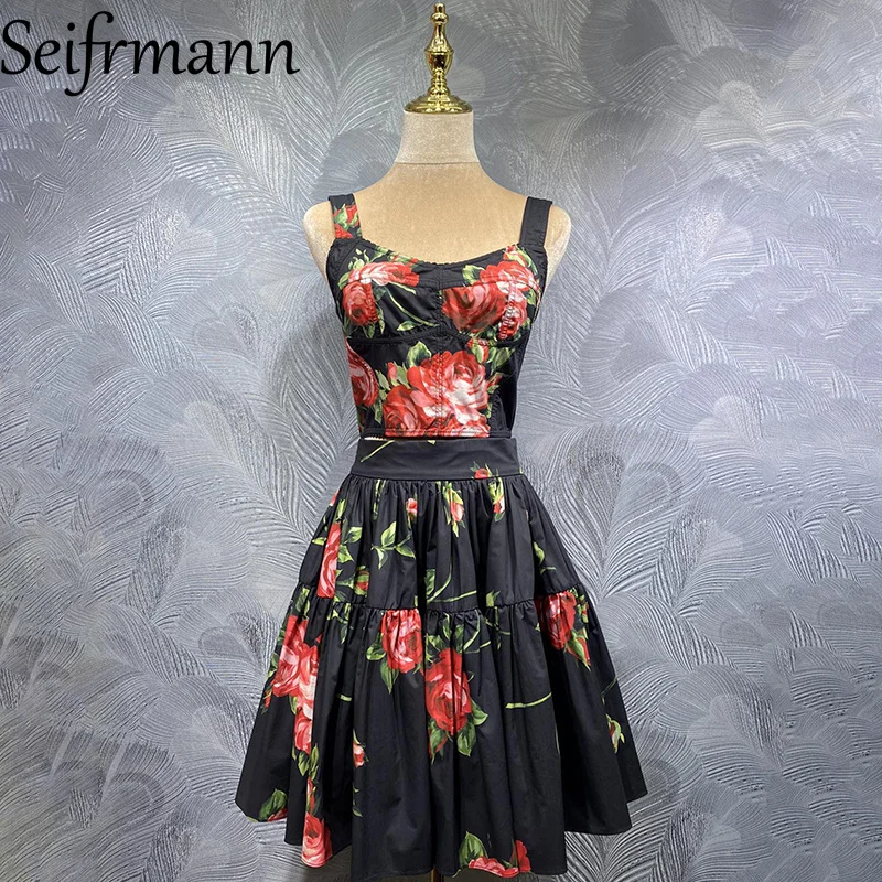 Seifrmann 2026 ربيع المرأة الجديدة المألوف عالية الجودة الحمالات القطن قميص مطبوع + نصف تنورة قطعتين مجموعة