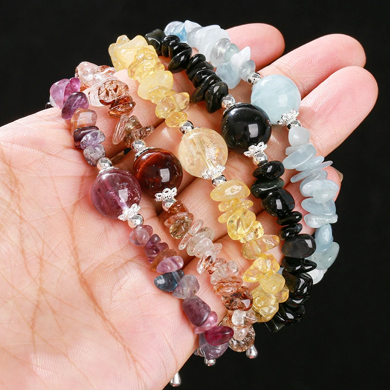 Natural Stone Aquamarine Chip Beads Bracelet Copper Alloy Luck Beads Bracelets Healing Jewelry for Peace Luck Women Gift