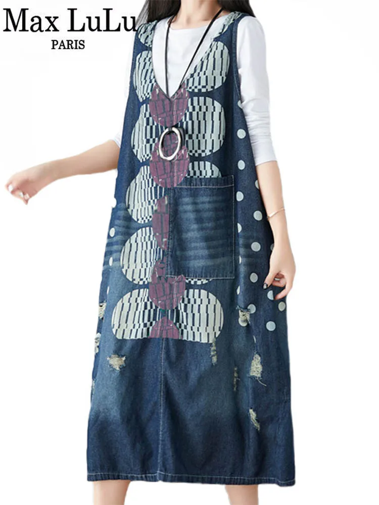 Max LuLu European Luxury Designer Spring Female Denim Sleeveless Dress Womens Vintage Vest Dress Female Elagant Printed Vestidos