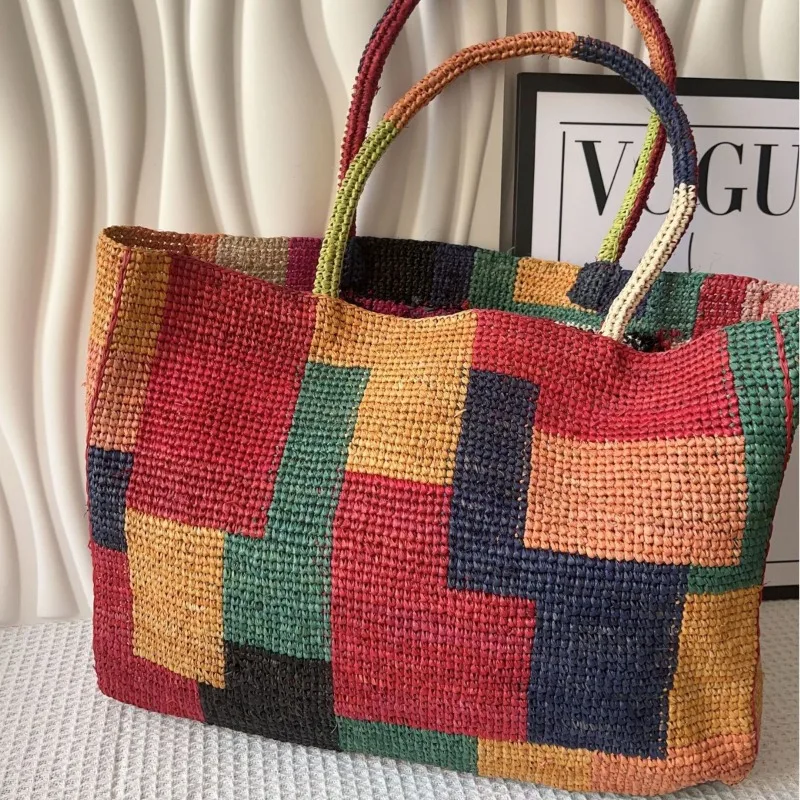 

2026 Summer Handwoven Raffia Grass Straw Tote Bag Trendy Colorful Patchwork Single Shoulder Bag for Women Summer Beach Bag