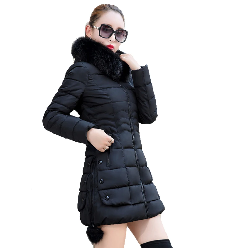 Giacca invernale nuova da donna Cappotto in puro colore casual con collo in pelliccia Giacca lunga in cotone con cappuccio femminile