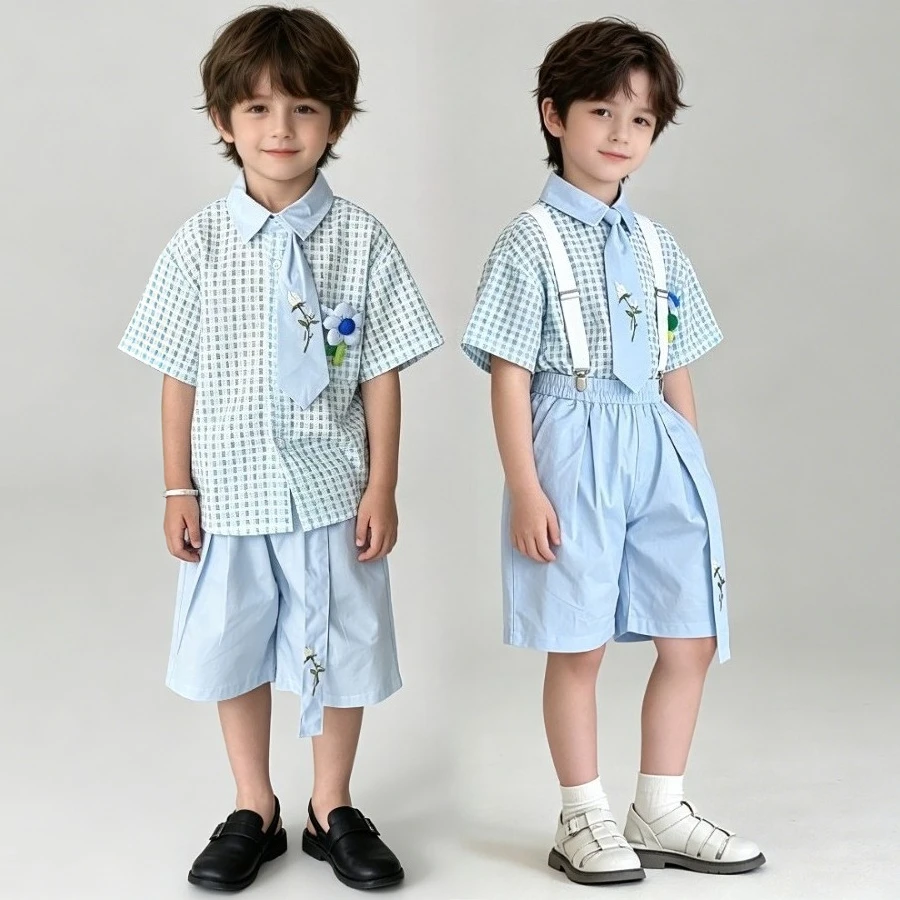 Boys Plaid Shirt Suspender Shorts Set with Tie Flower Brooch Gentleman Outfit for Kids Wedding Birthday Party Holiday Costume
