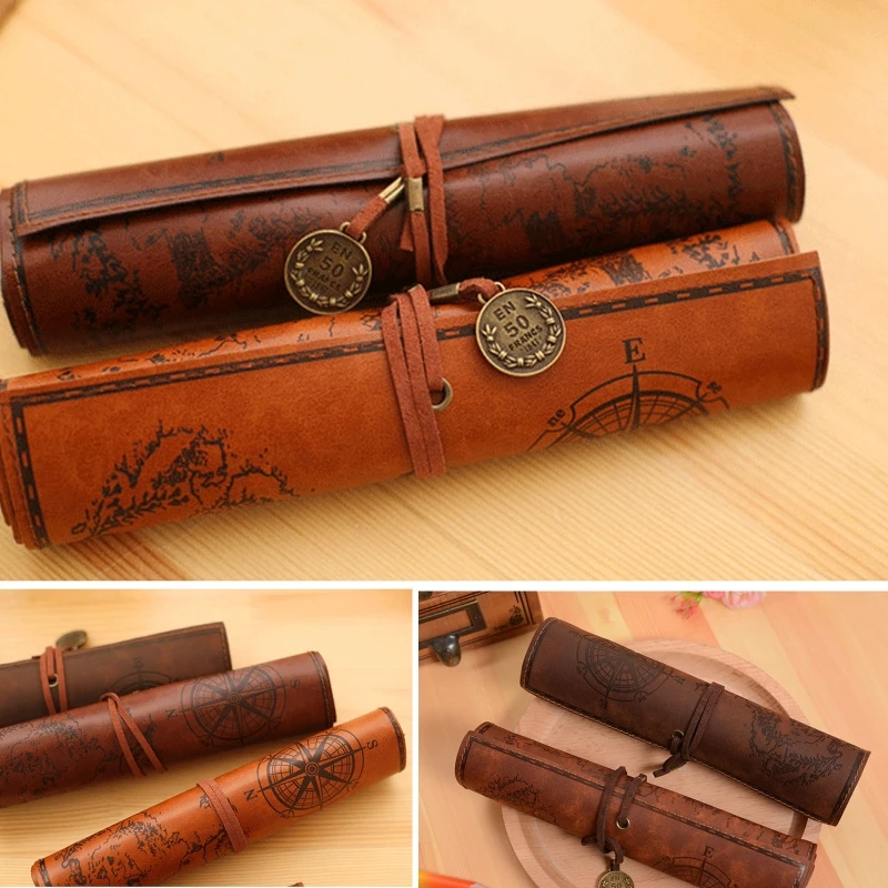 Creativo Roll Up astuccio portamatite in pelle Pirate Treasure Map Pattern Pen Case porta pennelli per trucco per ufficio scolastico H8WD