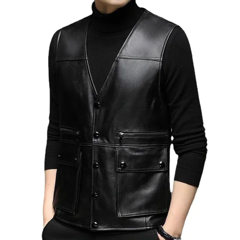 

Genuine Leather Motorcycle Vest Mens sheepskin Leather Waistcoat biker sleeveless jacket clothing chaleco bullet proof club vest