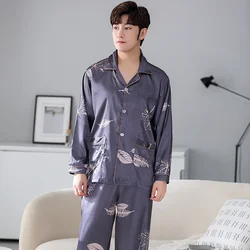 Silk men's pajamas printed cardigan long sleeved pants high-end silk smooth men's home wear