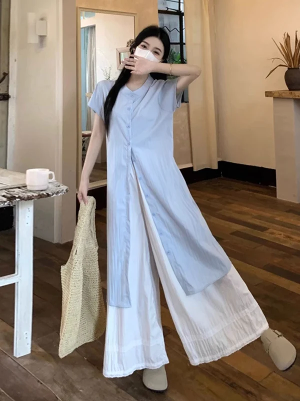 

Slimming Light Blue Top Wide Leg Pants Two Piece Set Fashionable Women's Summer Outfit Casual Style round Neck Button Closure