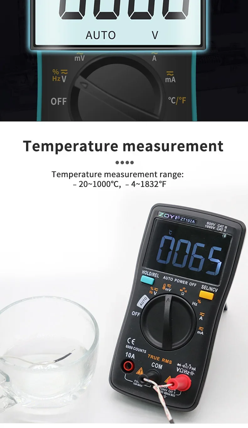 ZOYI Digitalmultimeter 6000 Count True Effective Value Multifunktions-Multimeter Voltmeter ZT-102A Serie Tragbarer Werkzeugtester – Detail 9