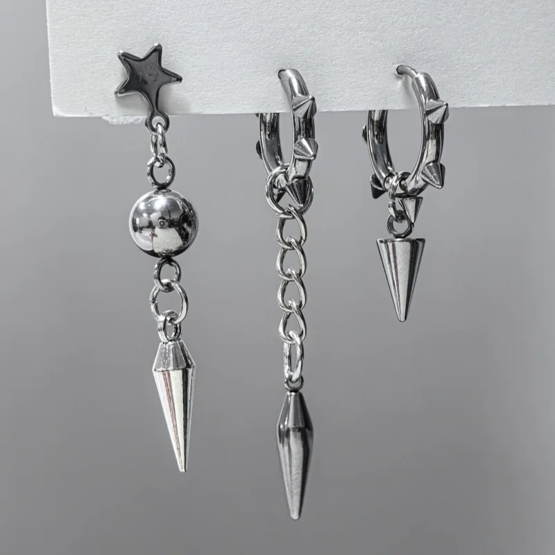 3Pcs Street Gothic Style Rivet Spike, Round Bead, Star & Cone Dangle Earrings, Unisex, For Thanksgiving Christmas, Daily Wear