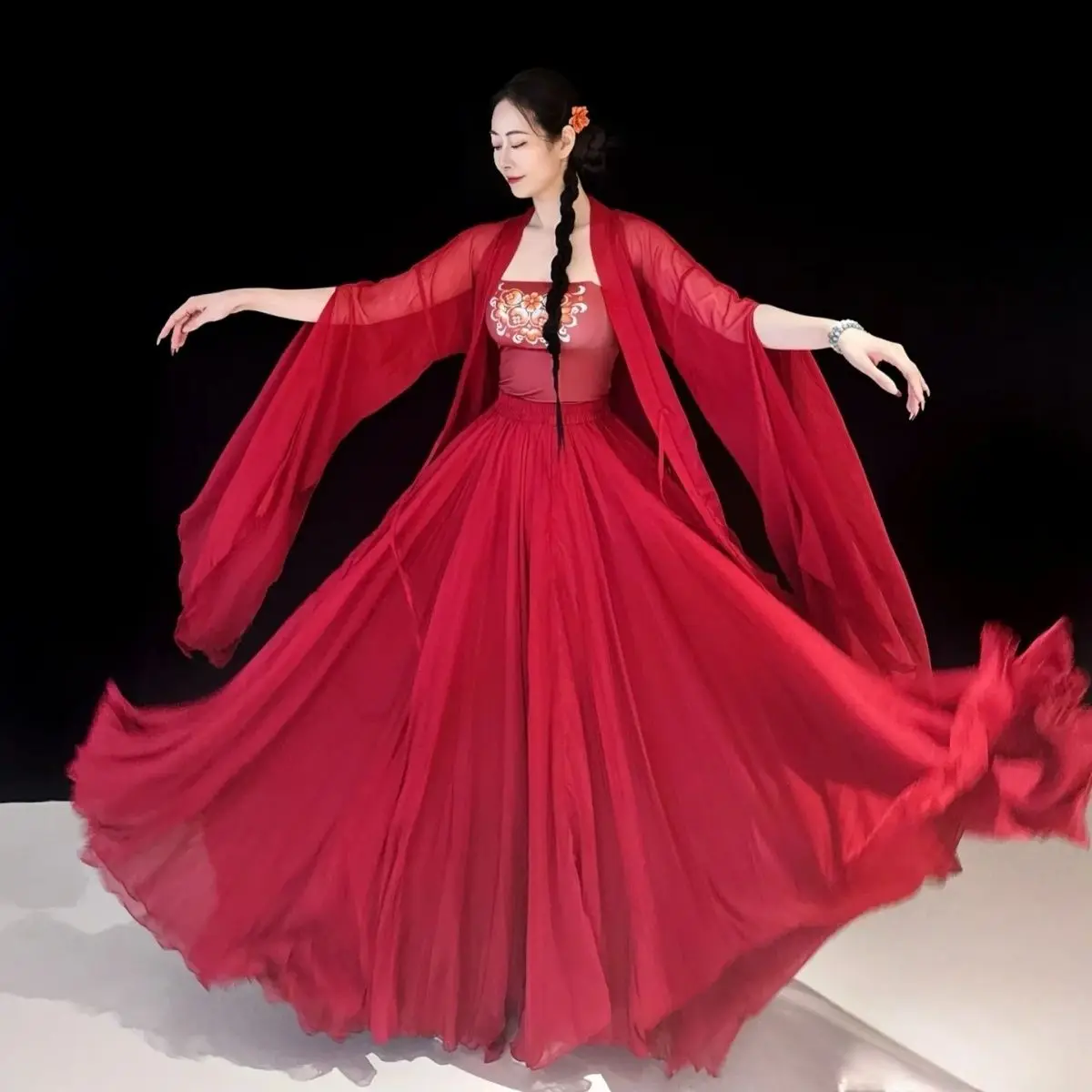 

Red Long Dance Coat Set - Flowy Maxi Skirt & Open Front Cardigan, Chinese Performance & Practice Gown Classic Dance Costumes