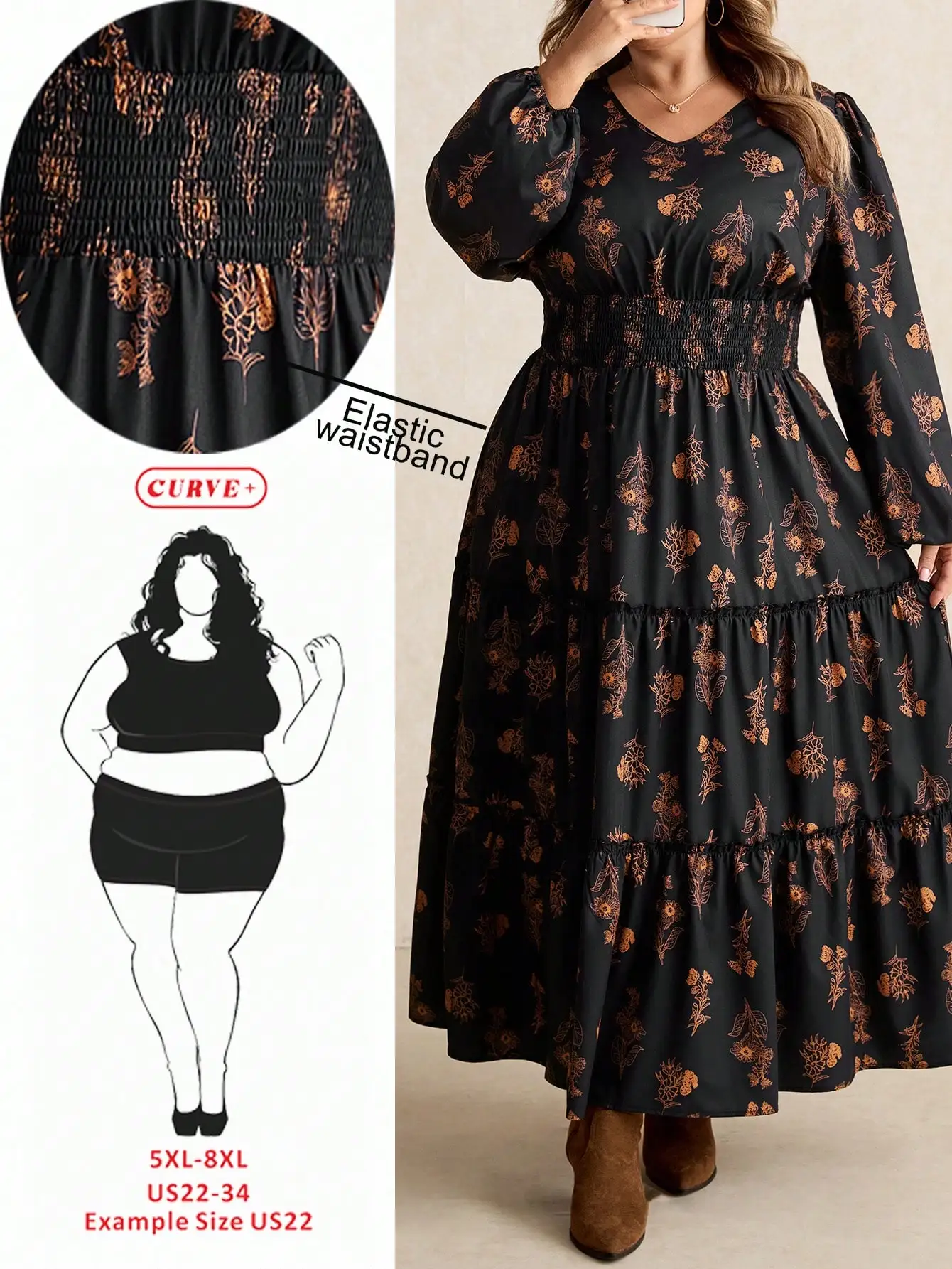 

Plus Size Floral Print Long Sleeve Tiered Maxi Dress with Elastic Waistband