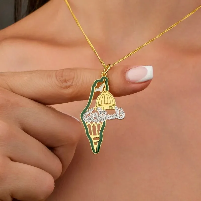 

Palestine Dome Map Necklace with Diamonds Gold toned diamond pendant with enamel colours Country Map Jewelry Send Gifts