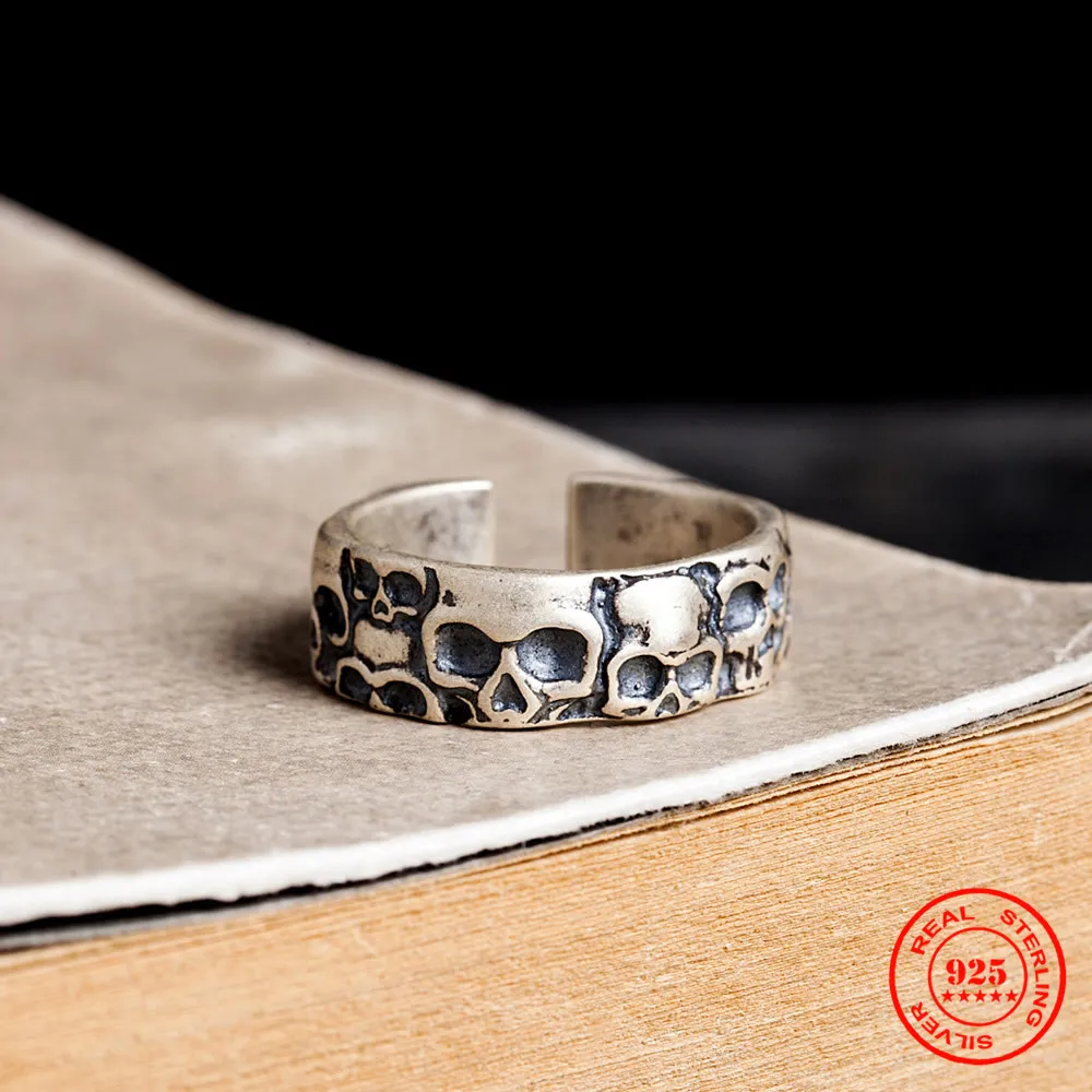 YIZIZAI 100% 925 Sterling Silver Vintage Punk Style Skull Adjustable Ring Unisex Simple Style No Fade No Allergy