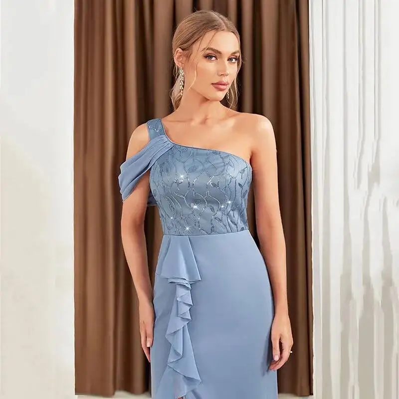 for Women, Evening Gown New High-end and Sophisticated, High-end Socialite with Slanted Shoulders, Single Shoulder, Side Slit,