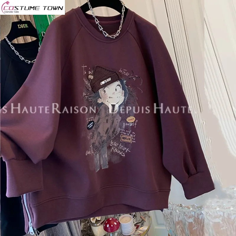 

Autumn new round neck long sleeved cartoon girl casual printed loose slit zipper design top