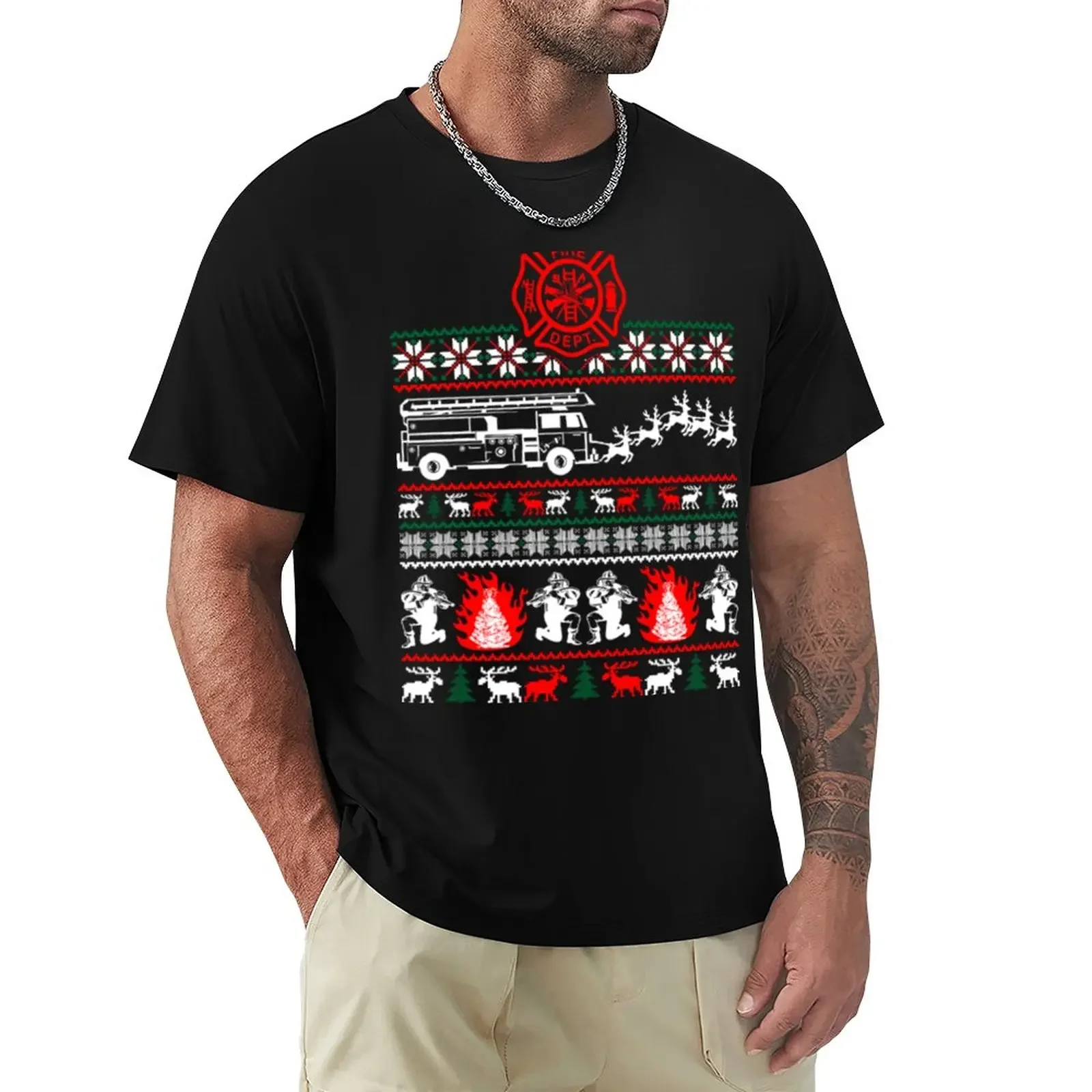 

Merry Firefighter Fireman Ugly Christmas Sweater Funny Tshirt T-Shirt blacks cute clothes Short sleeve tee mens t shirt graphic