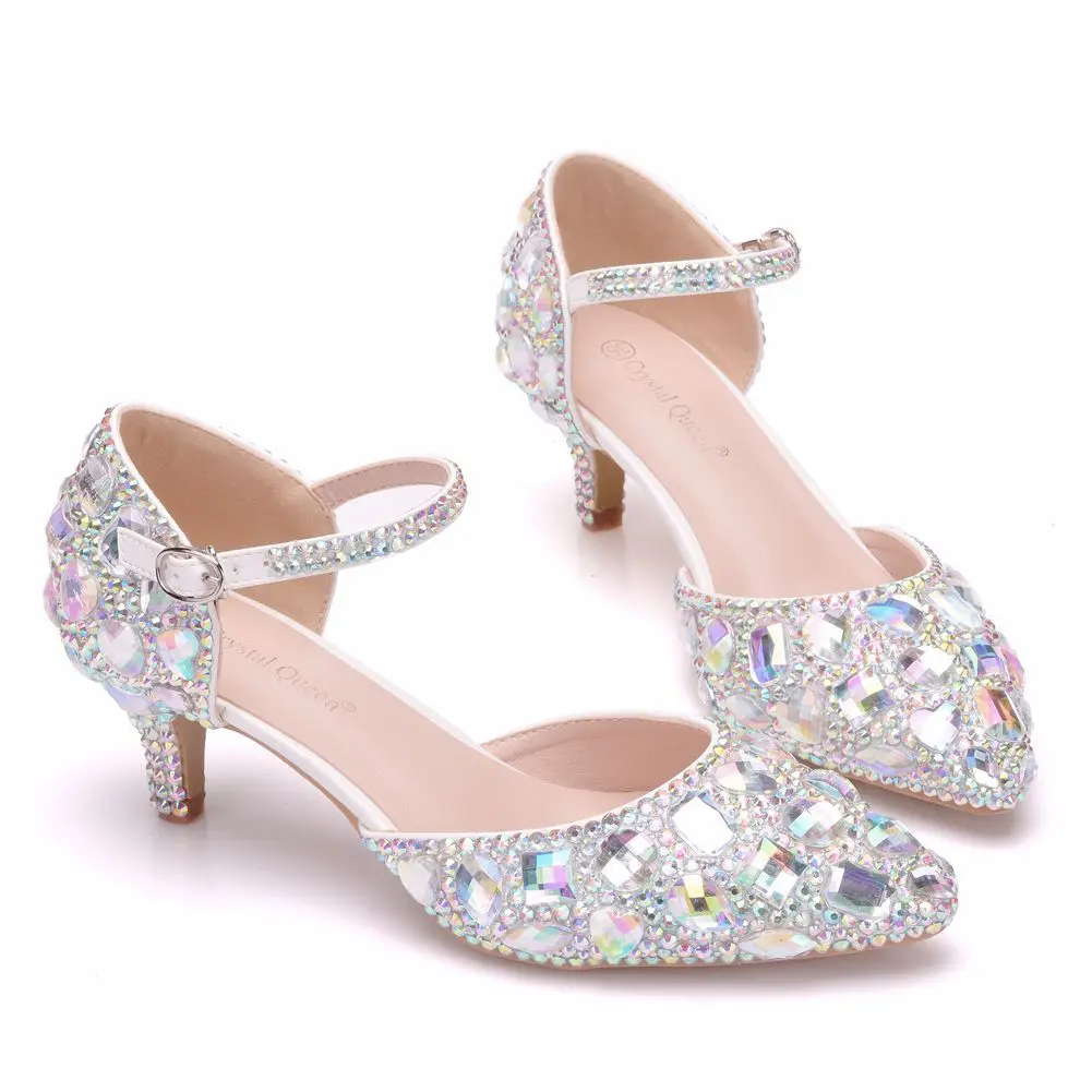 Fashion Pointed Toe Pumps Sandals Elegant Crystal PU 5.5CM Thin Heels Princess Rhinestone Slingback Casual Woman Shoes Dress