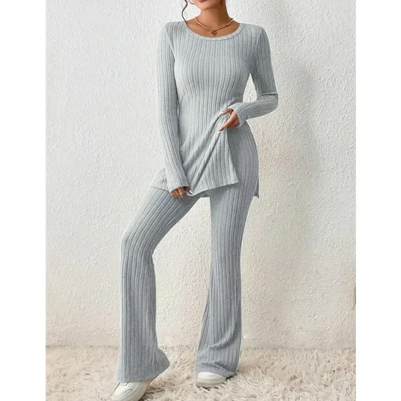 Women Suit Set Stylish Women\'s Knitted Two-piece Suit Set with Long Sleeve Ribbed Top High Waist Flared Trousers for Fall