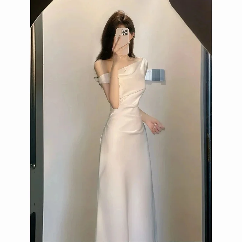 French Temperament High-end Feeling Swinging Collar Sloping Shoulder Dress Waist Bag Buttocks Vinegar Satin Summer Long Skirt