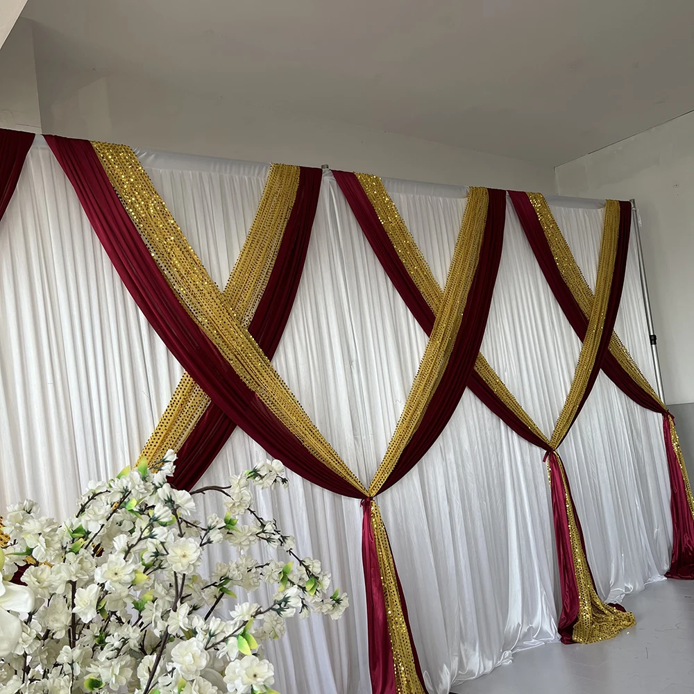 New Design 3mH(10ft) x6mW(20ft ) White   Curtain  Burgundy Gold Sequin Swag Drapes Wedding Backdrop  Event  Party Decoration