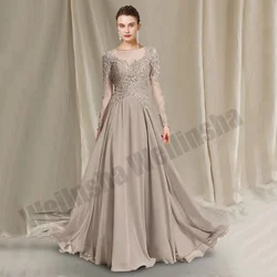 Customized Long Sleeves Lace Wedding Guest Dresses Scoop Neck Beaded Chiffon A Line Summer Mother Of The Bride Dress Custom Size