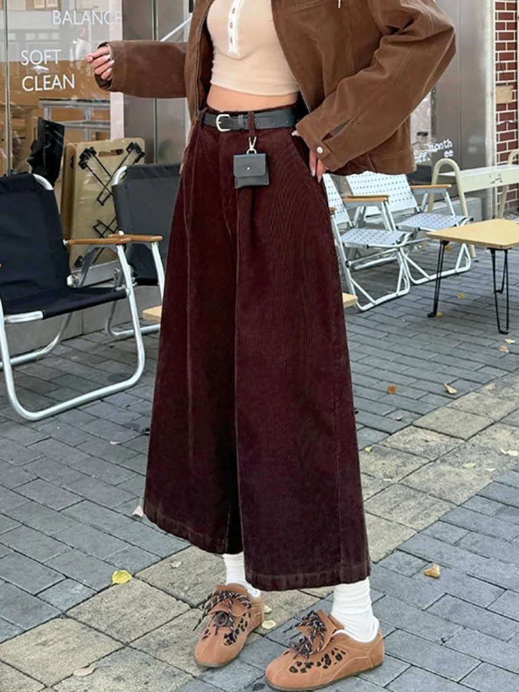 세 브라운 레트로 코듀로이 와이드 레그 팬츠 여성용 하이웨이스트 엘라스틱 가을 겨울 슬림핏 팬츠