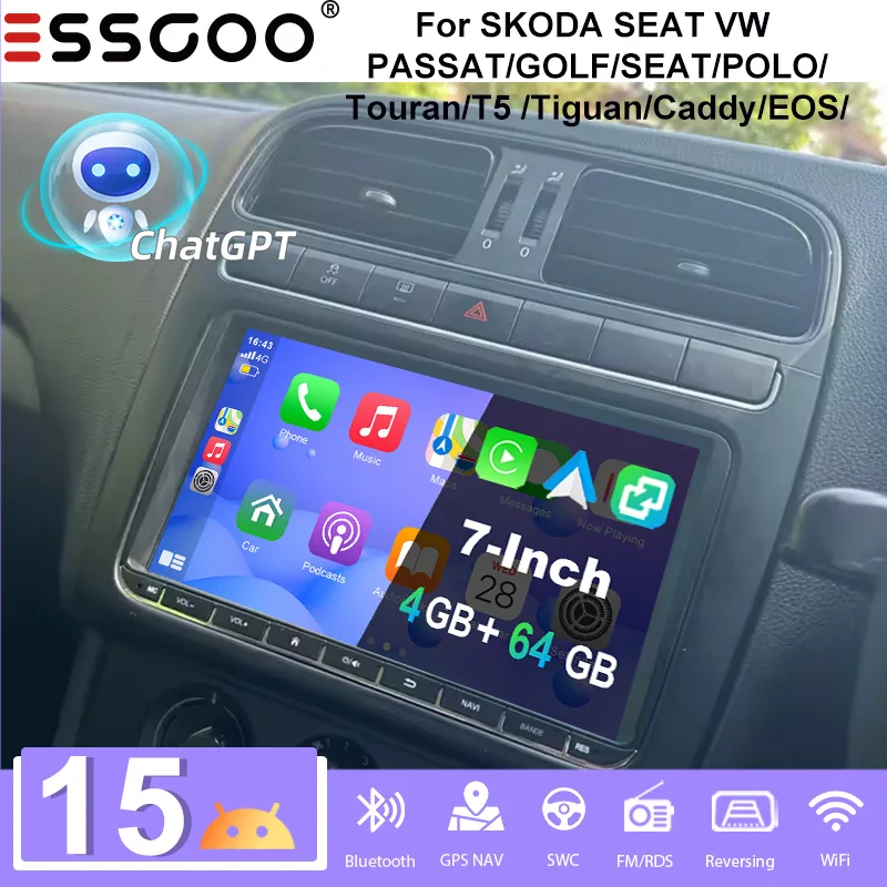 Essgoo 9 pouces Android 15 4+64G autoradio pour VW Golf 5 6 Passat Polo Touran Tiguan Caddy Eos T5 Seat Skoda, CarPlay et Android Auto sans fil, navigation GPS, radio RDS FM, WiFi, Bluetooth, Mirror Link, commande au v