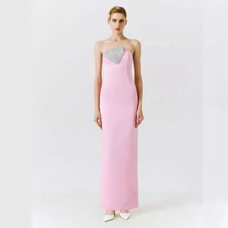 New Stock Fashion Sexy Pink Strapless Silver Diamond Heart-Shaped Straight-Leg Slimming Bandage Straight-Leg Dress