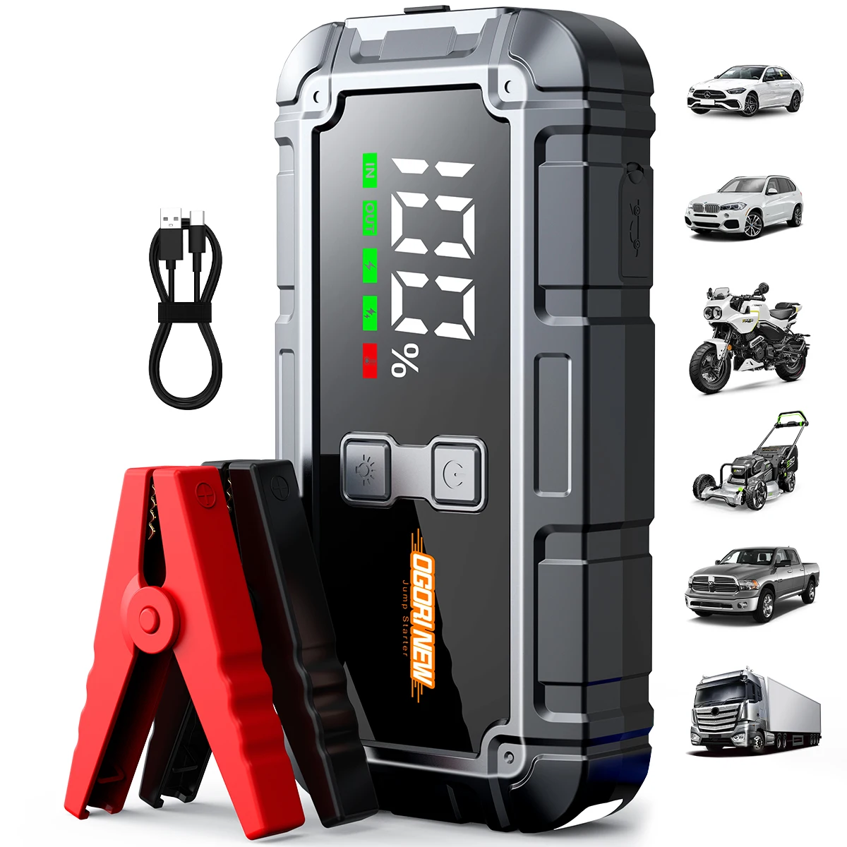 Image of Auto-Notstartgerät 12V, 1000A Starthilfe (Benzin oder Diesel bis 10,0l), 150 PSI Luftkompressor, Powerbank, LED-Taschenlampe - Schnellstart für leere Batterien