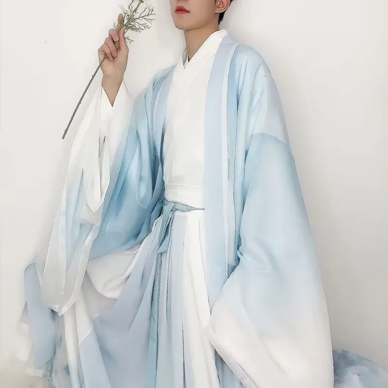 الذكور طالب Hanfu الأزرق والأبيض الصباغة 3 قطعة مجموعات زي الهالوين التأثيري الصينية التقليدية حفلة الزي حجم كبير للرجال