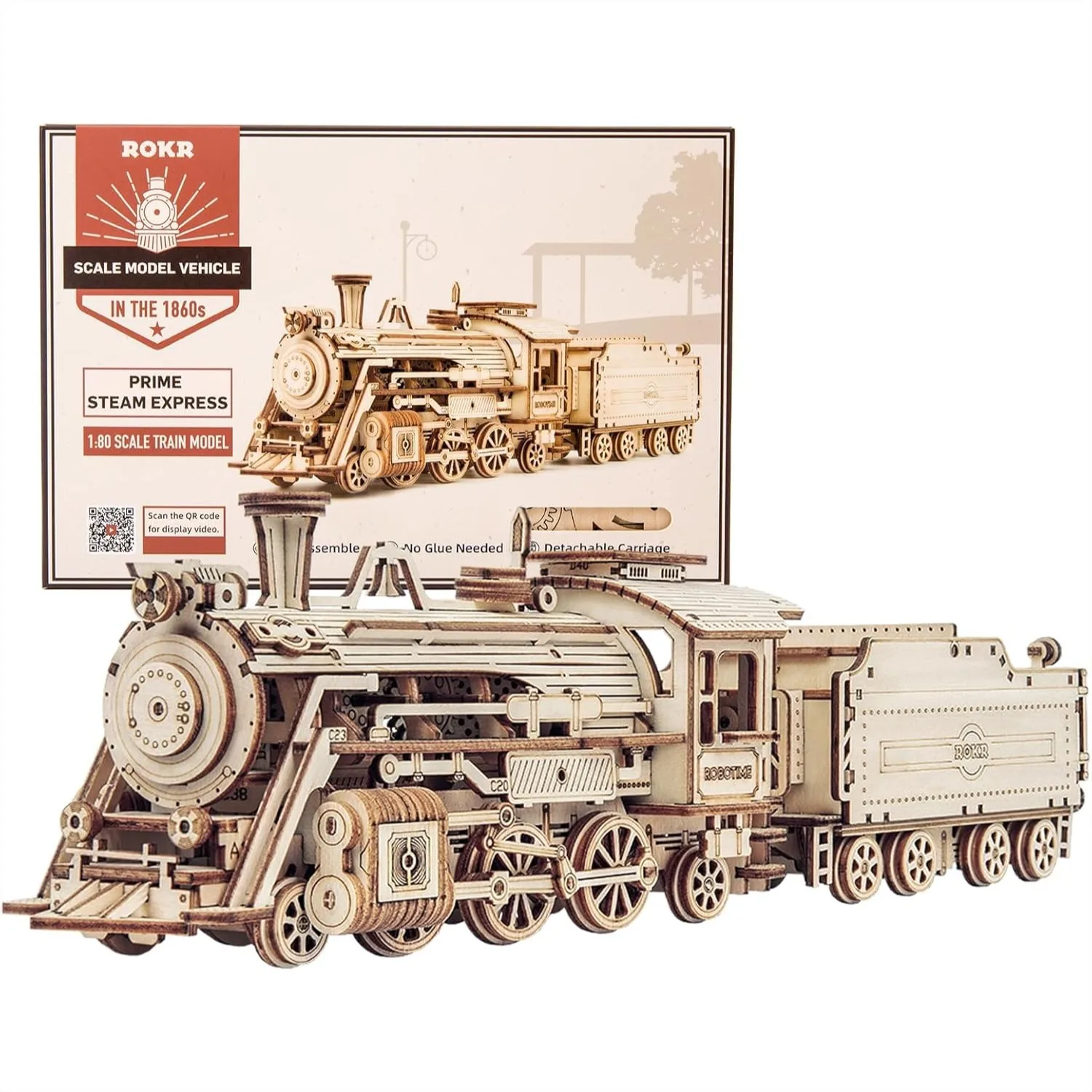 

3D Wooden Puzzle Mechanical Car Model DIY Building Kit for Adults, Steam Train with Carriage, Brain Teaser Gift
