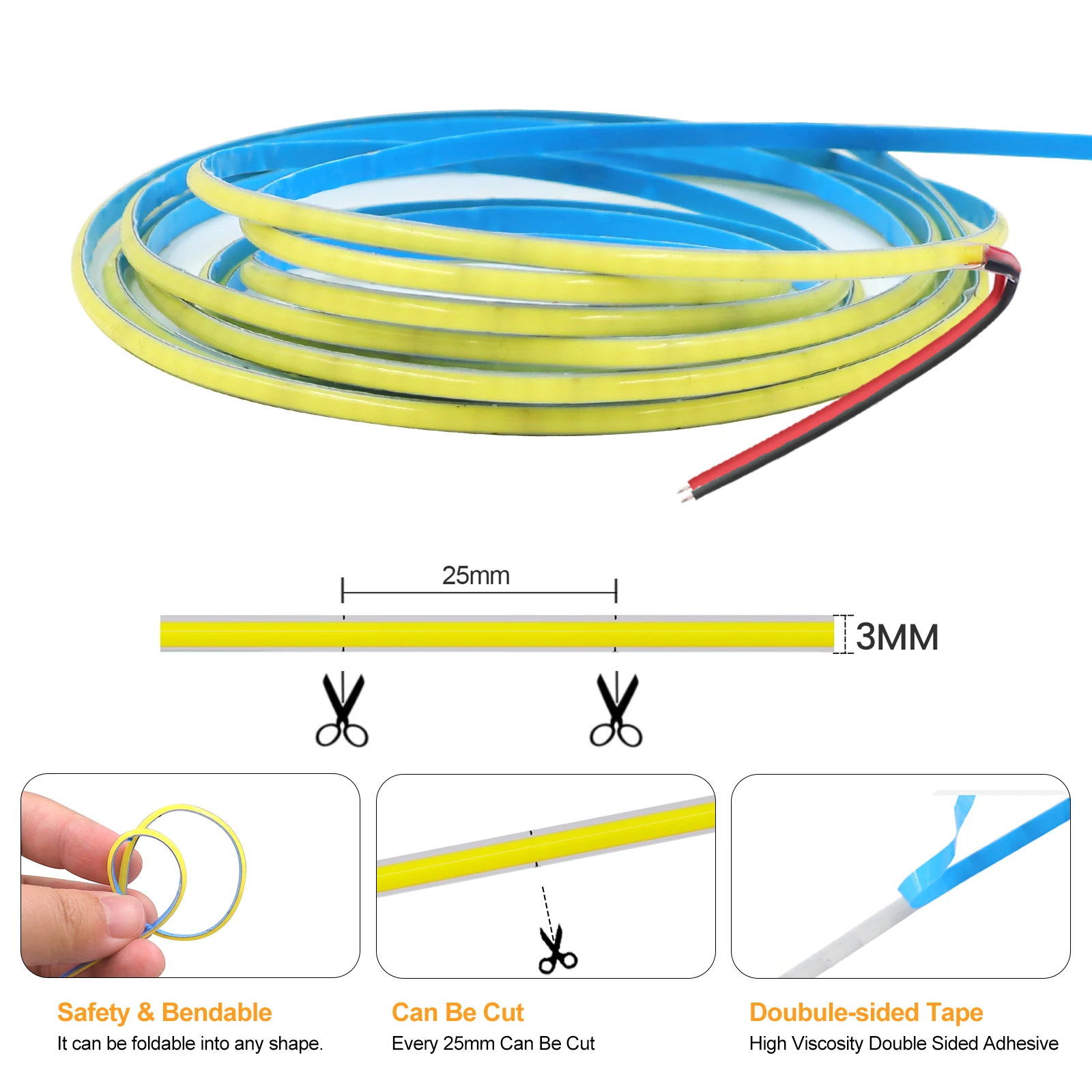 FOB-Bande lumineuse LED COB ultra fine, 12V, 3mm, 320LED/m, ruban flexible, haute luminosité, 3000K, 4000K, 6000K