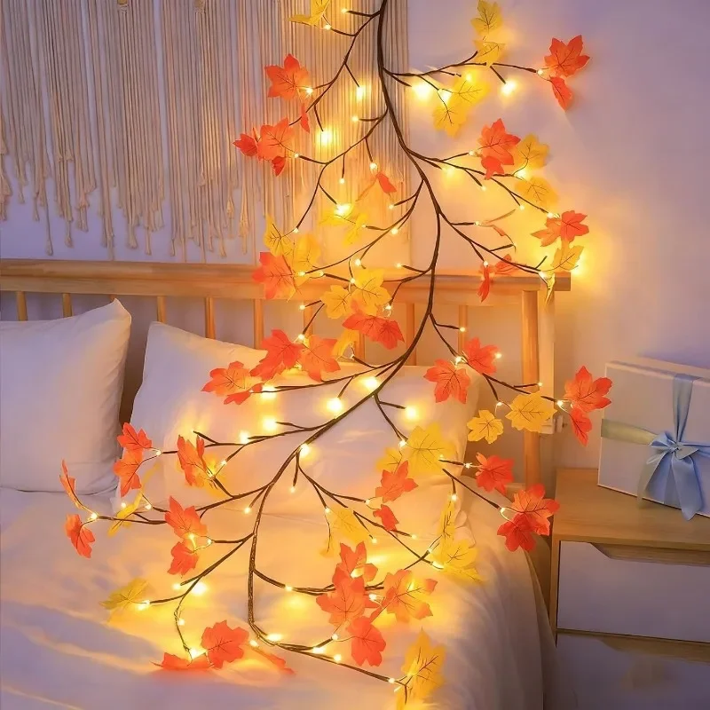 Thanksgiving Autumn Maple Leaf Vine Wall Light, Flexible Branch LED Fairy String Light Fall Maple Garland Lamp for Fireplace Wall Home Bedroom Decor