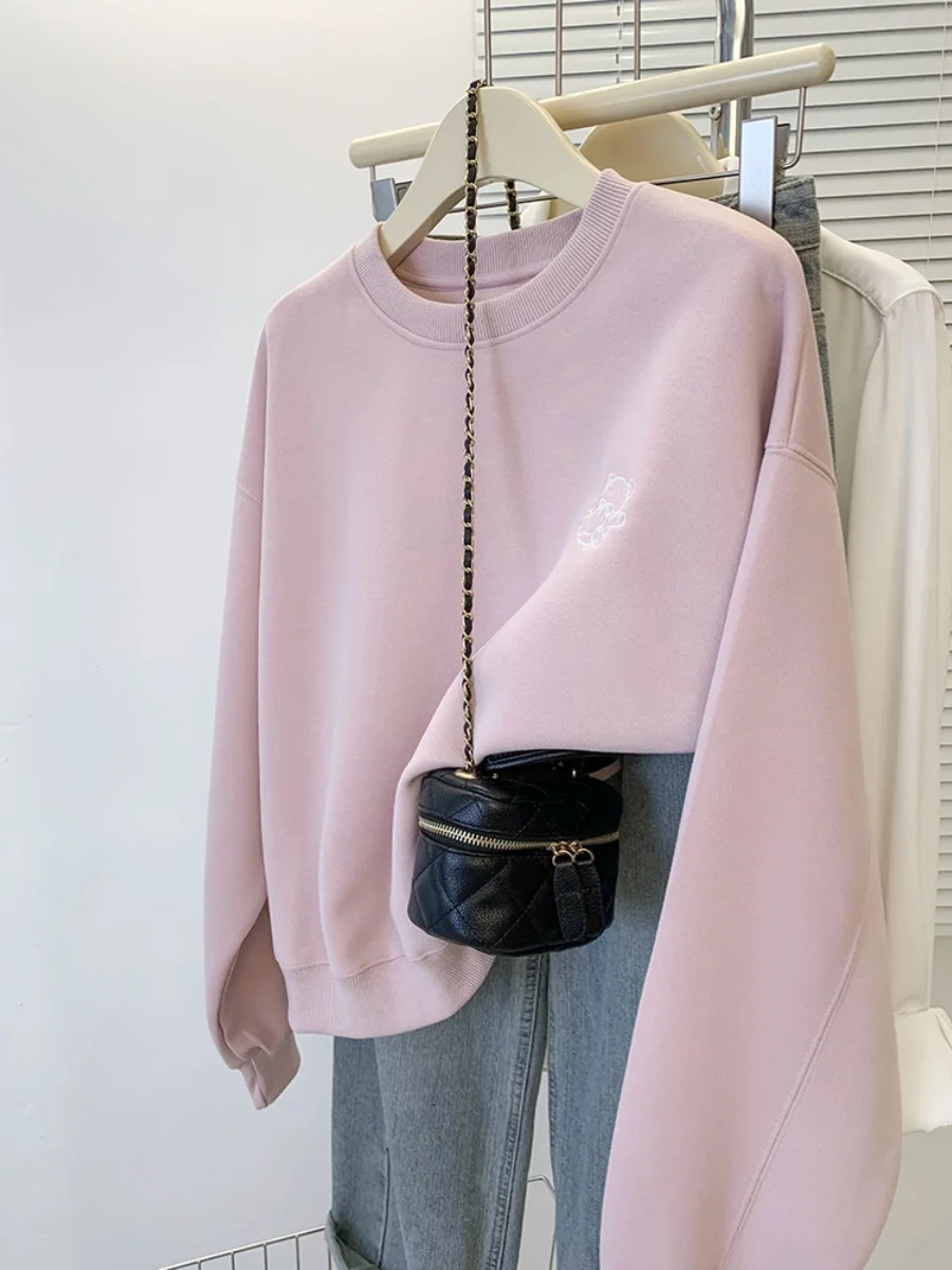 

Корейская толстовка оверсайз с мультяшной вышивкой, женская, осенне-зимняя, новая, с принтом, на голову, длинная...