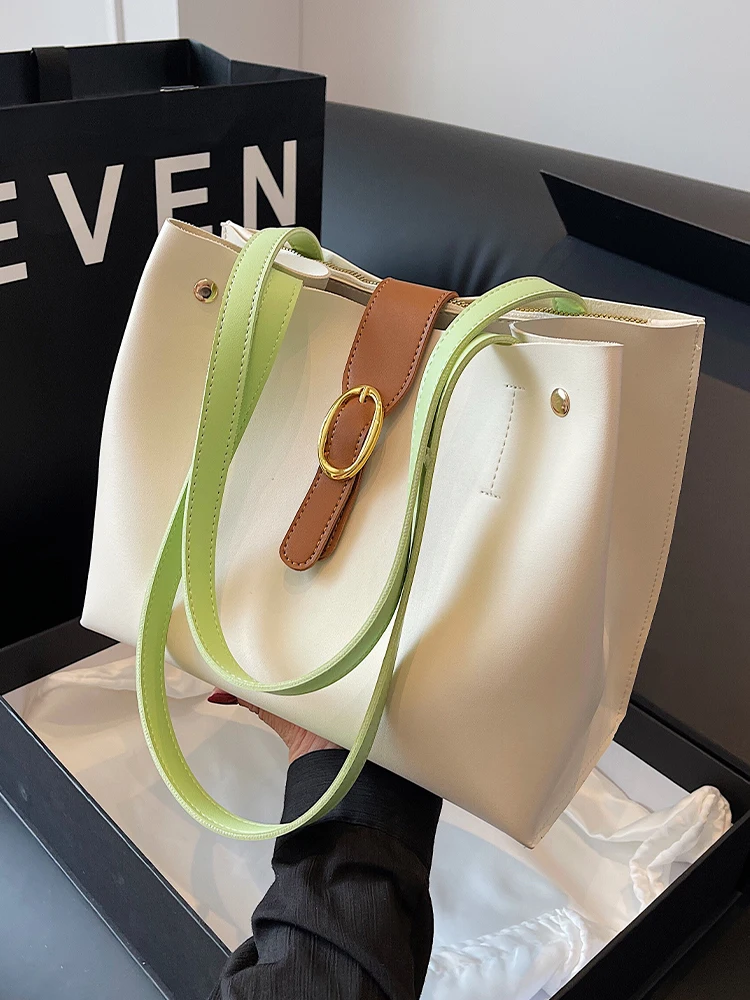 

Fashion Large Capacity Commuting Bag Simple Casual Contrast Color Single Shoulder Bag Pu Leather Versatile Women Tote Bag