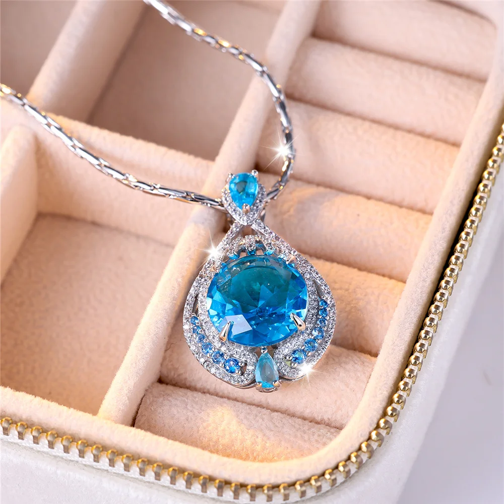 Luxuriöse, blaue, runde Zirkon-Anhänger-Halskette für Damen, silberfarben, zarte Geschenke, Hochzeitsschmuck für Frauen – Detail 3