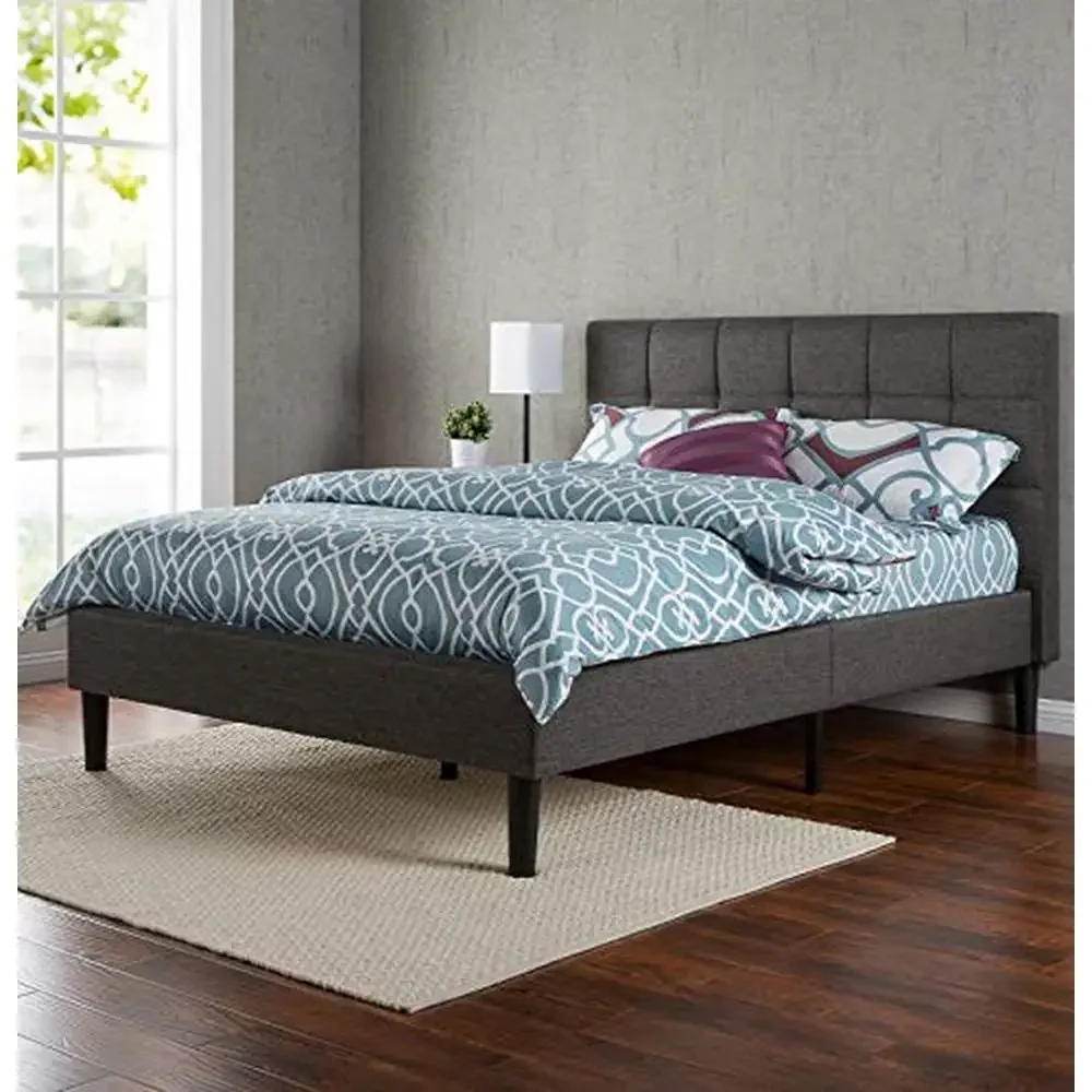 Upholstered Platform Bed Frame Durable Wood Slat Support Easy Assembly Grey Twin Modern Style Comfort No Box Spring Needed Steel