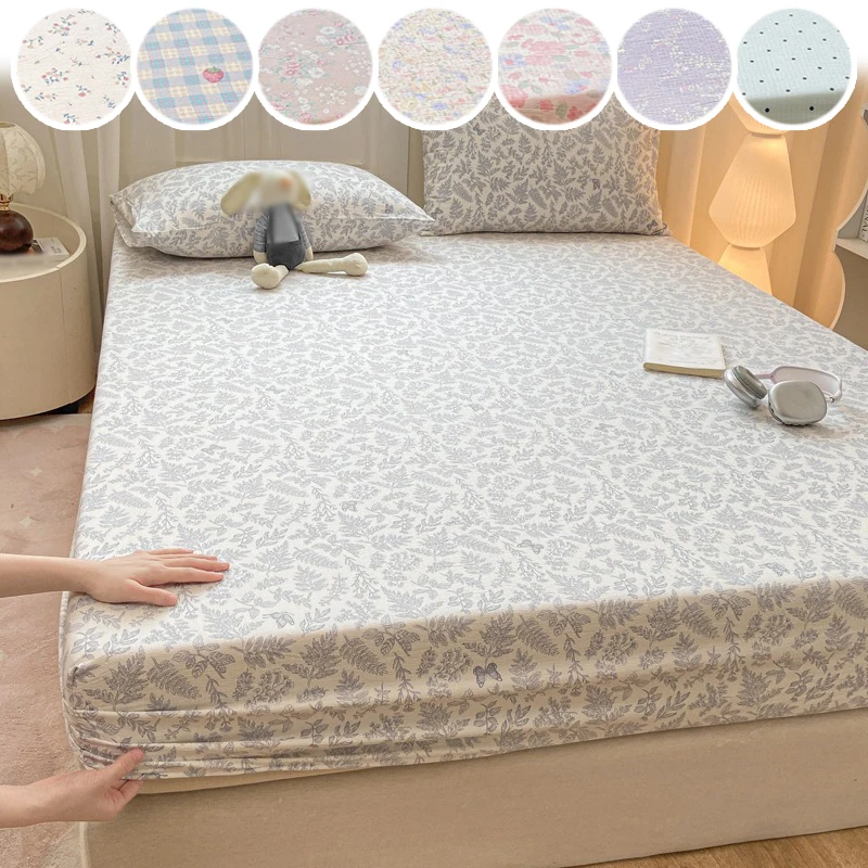 Soft Floral Fitted Bed Sheet Double-layer Yarn Technique Elastic Edges Deep Pocket Sheet Full Coverage for Queen King Size Bed