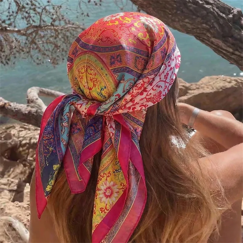 Pañuelo de seda cuadrado de 90 cm para mujer, de marca de lujo, con estampado de satén, hiyab, pañuelos musulmanes, pareo, bandana, chal femenino, envoltura, diadema, foulard