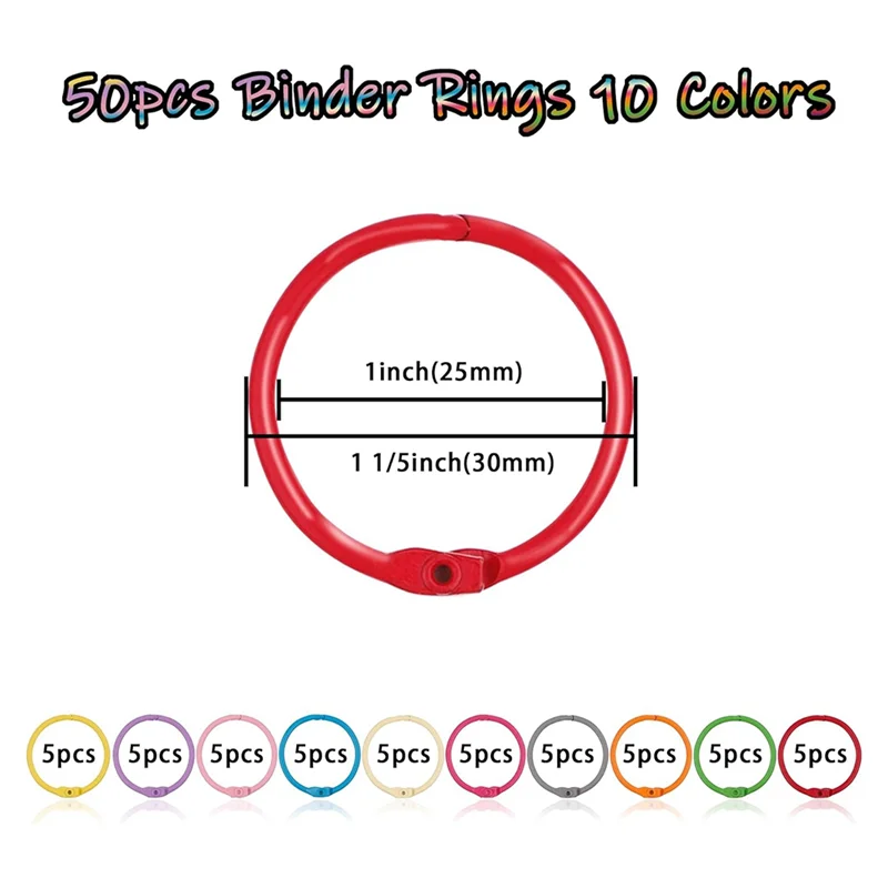 50 STKS Metallic Losbladige Bindmiddel Ringen 1 1/5 Inch Kleurrijke Boek Ringen, Metalen Staal Papier Ringen Sleutelhanger, 10 Kleuren