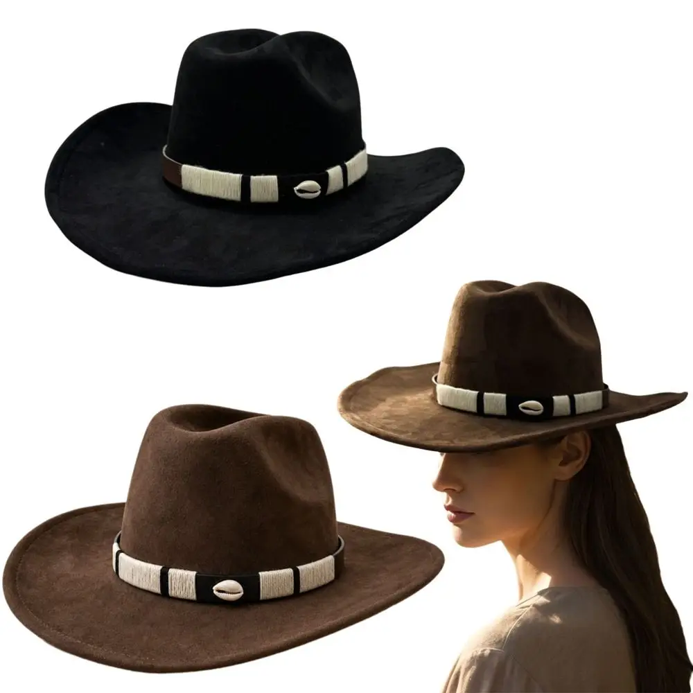 Unisex Wide Brim Cowboy Hat Striped Buckle Band Felt Construction Rancher Hat Polyester Small Woolen Top Western Fedora Hat