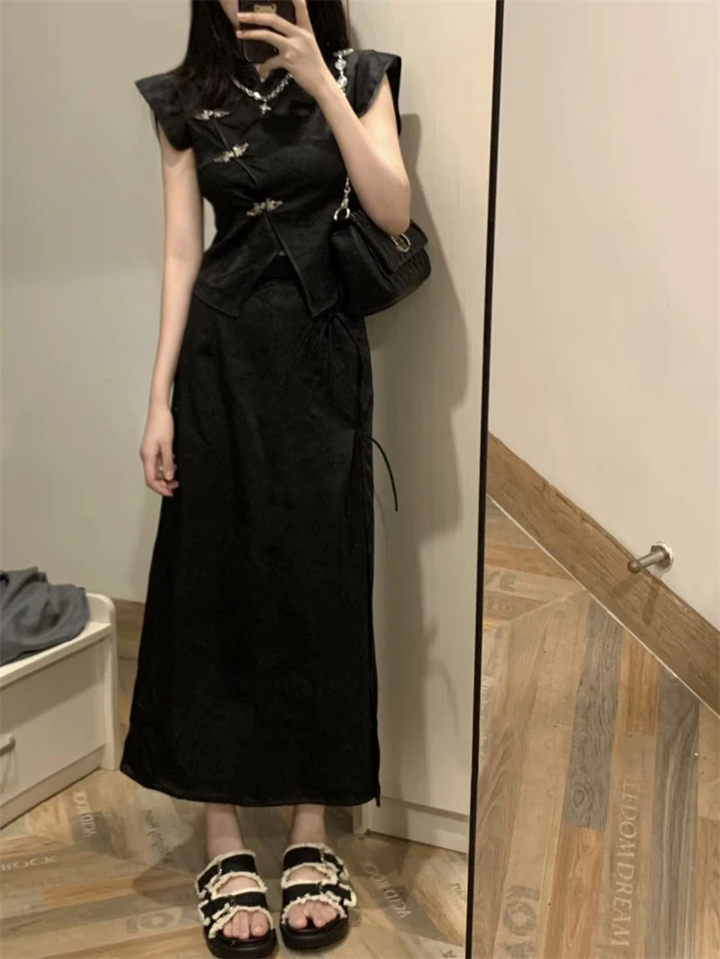 

New Chinese Style National Fashion Set Design Sense Metal Button Improved Top High Waist Slim Midi Skirt