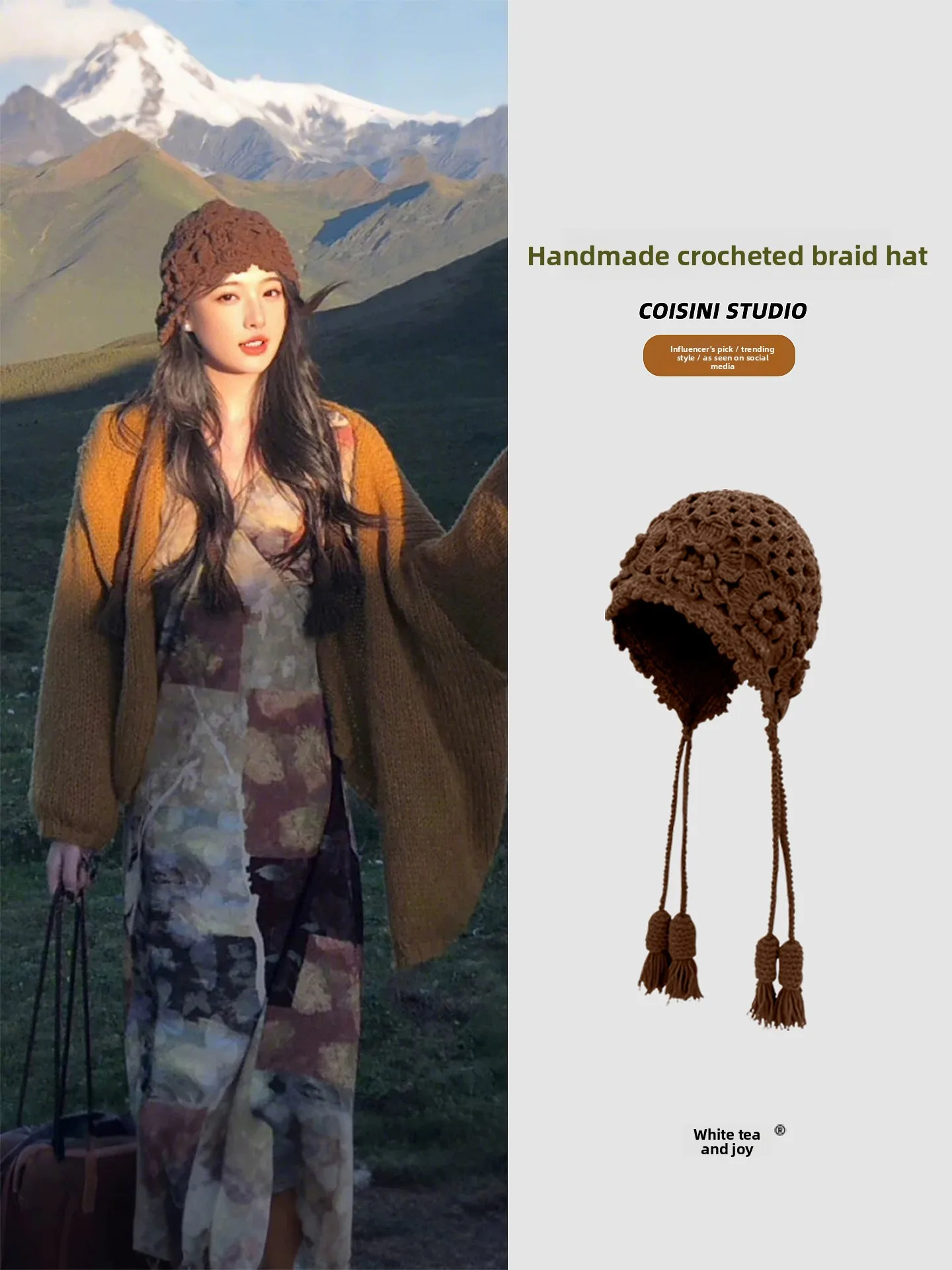 

Handmade Crochet Hollowed-out Floral Double Layer Tassel Braided Woolen Beanie Autumn Bohemian Knitted Ear Protection Bonnet
