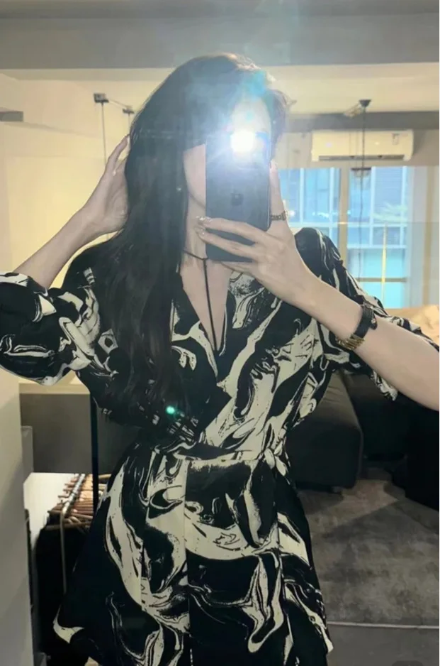 Women Clothing Tie Dyed Satin Thin Coat Korean Styles Mid Length Temperament Long Sleeved 2023 Spring Summer Printed Shirt