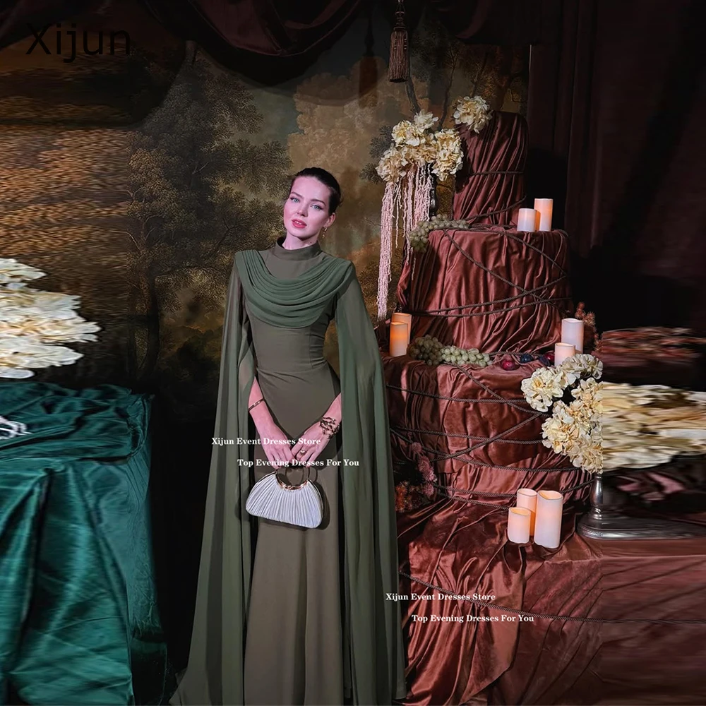 

Xijun Green Chiffon Long Evening Dresses Cape Sleeves High Collar Formal Prom Dresses Luxury Dubai Prom Gowns 2026 Customized
