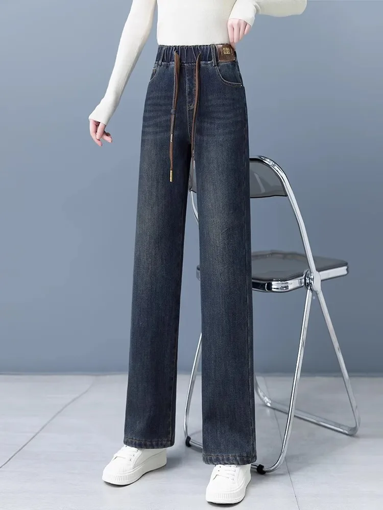 

Джинсы женские с высокой талией и широкими штанинами, весна-осень 2025, новые, эластичные, свободные, стройнящие, повседневные, на подкладке, прямые брюки