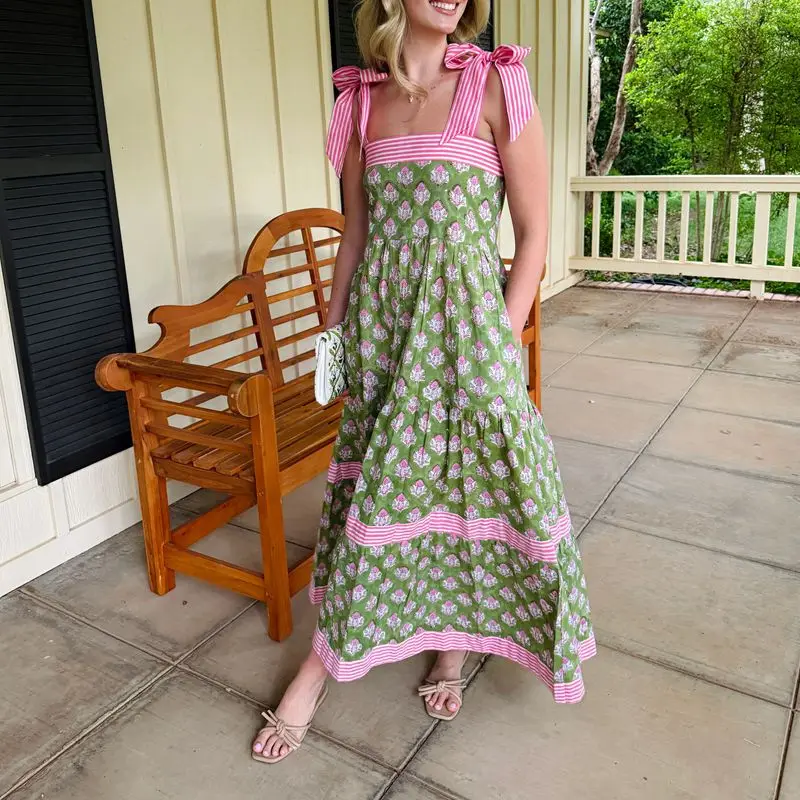 Combhasaki Women Summer Boho Wide Straps Bow Tied Shoulder Straps Square Neck Floral Striped Print Swing A-line Tank Long Dress